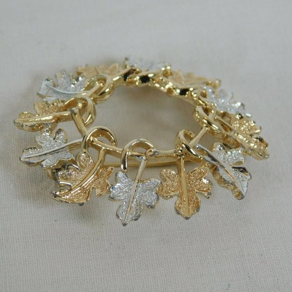 Sarah Coventry Garland Silver Gold Oak Leaf Circular Round Brooch Pin Vintage - Picture 3 of 6